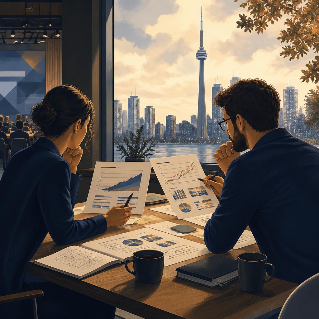 Conceptual illustration of business owners reviewing anonymized SEO charts and case-study notes after a conference