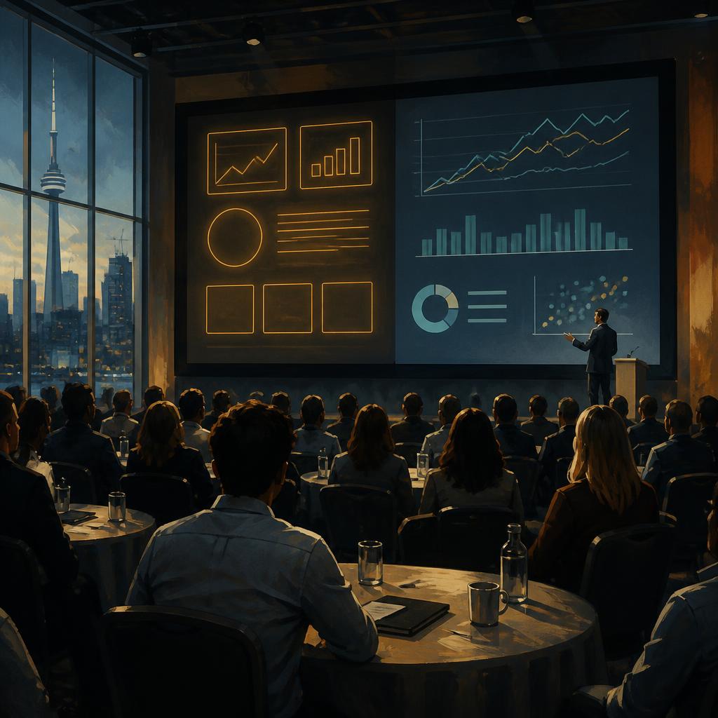 Conceptual illustration of a Toronto SEO conference presentation contrasting promotional claims with measurable case-study evidence