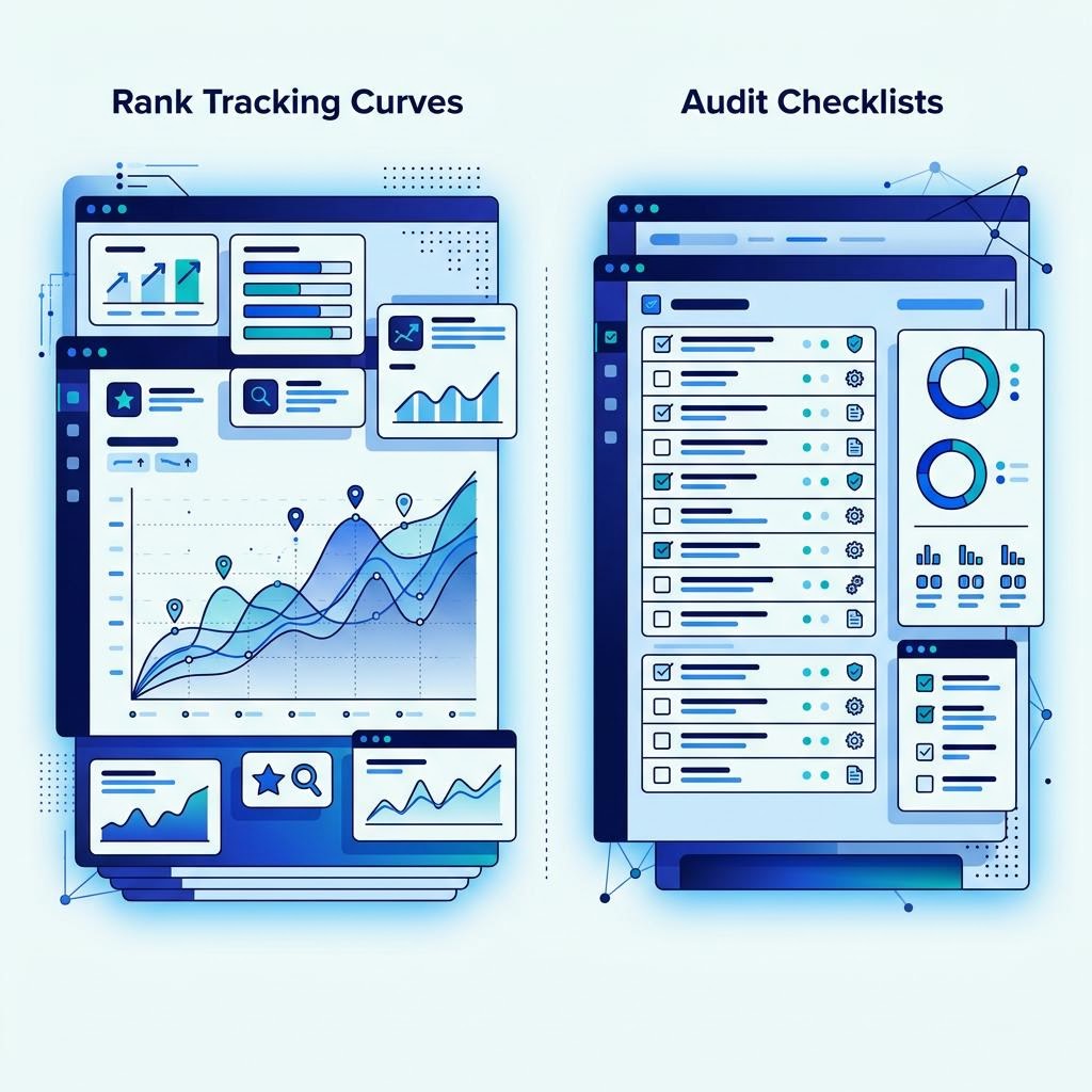 A rank tracking interface beside an AI-search visibility report showing brand citations across AI assistants